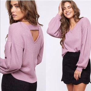 New Mauve Draping Waffle Knit Bell Sleeve Open Back Top